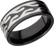 Zirconium 9mm flat band with a laser-carved contour flame pattern