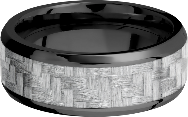 Zirconium 8mm beveled band with a 5mm inlay of silver Carbon Fiber